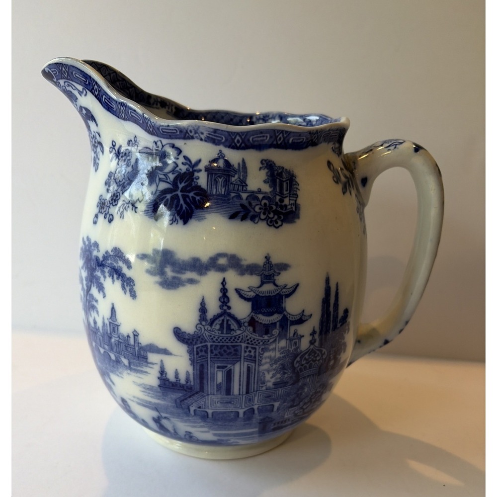 Antique Royal Doulton Madras Blue White Transferware Pitcher Jug 7" England